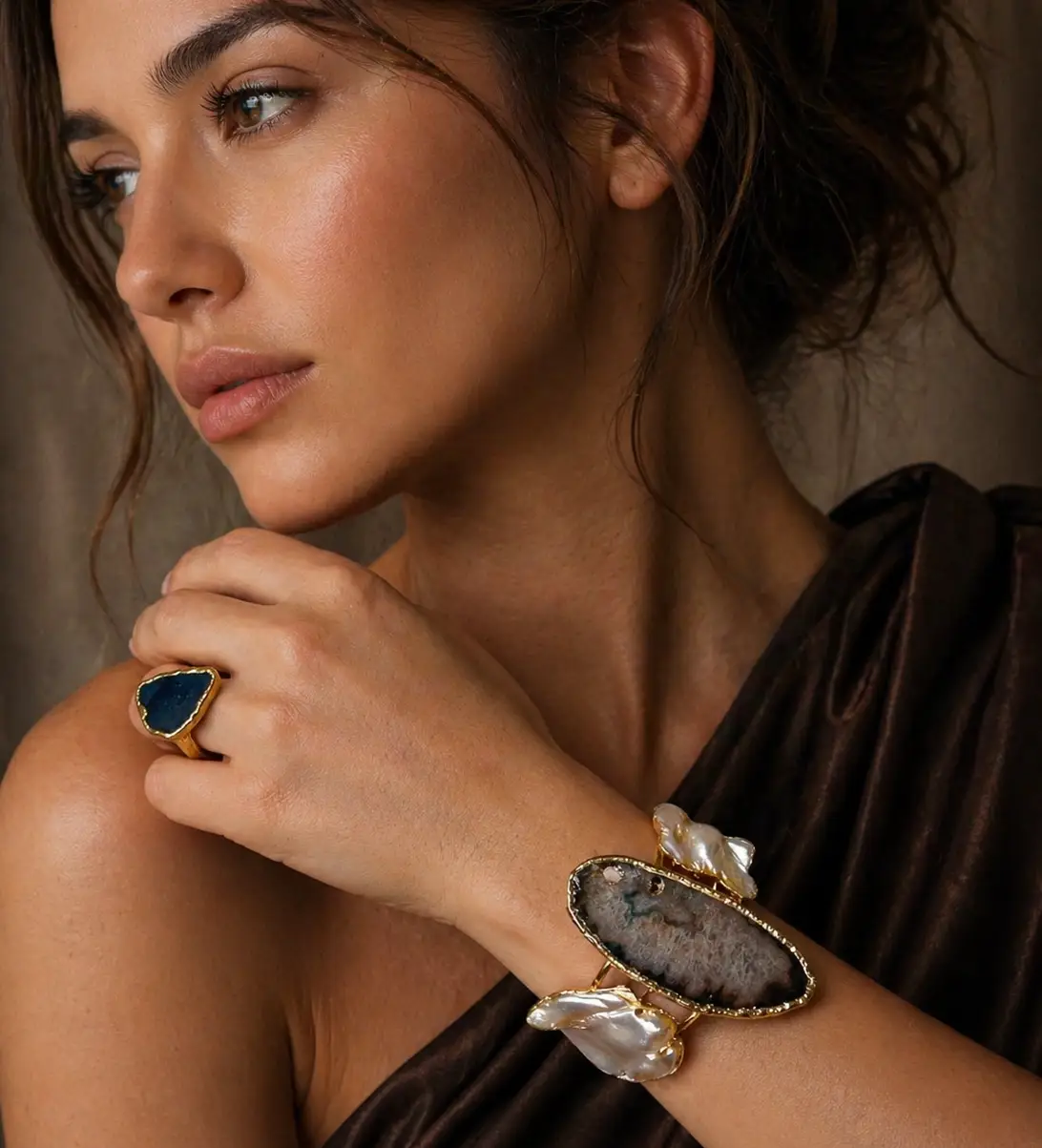 Raw Agate Cuff Bracelet – Handmade Gold-Plated Chunky Pearl & Agate Set by Glam Duchess (handmade-gold-plated-chunky-raw-agate-pearl-cuff-bracelet-and-ring-set-bohemian-bold-statement-gemstone-jewelry-natural-stone-bracelet-ring-404957912)