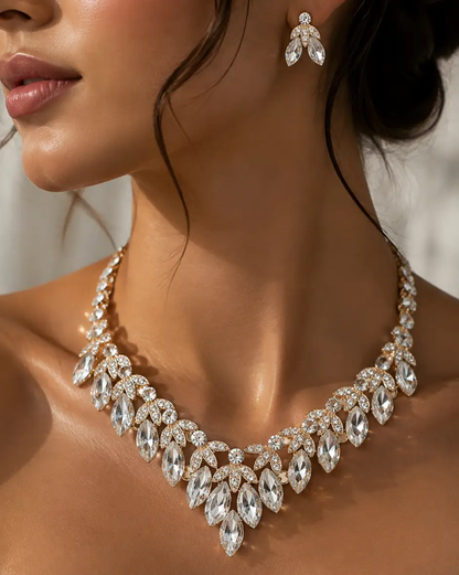 Crystal Bridal Necklace Set Teardrop Rhinestones Adjustable 18 to 21 Inches Earrings Included - Jewelry Sets from Glam Duchess