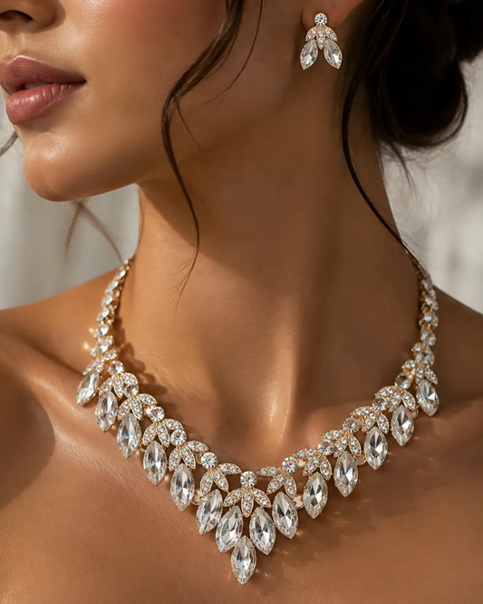 Crystal Bridal Necklace Set Teardrop Rhinestones Adjustable 18 to 21 Inches Earrings Included - Jewelry Sets from Glam Duchess