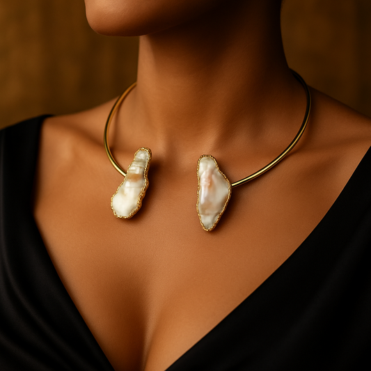 Gold Plated Minimalist Baroque Pearl Ring  Open Choker Necklace Set - Modern Shell Jewelry Gift for Her