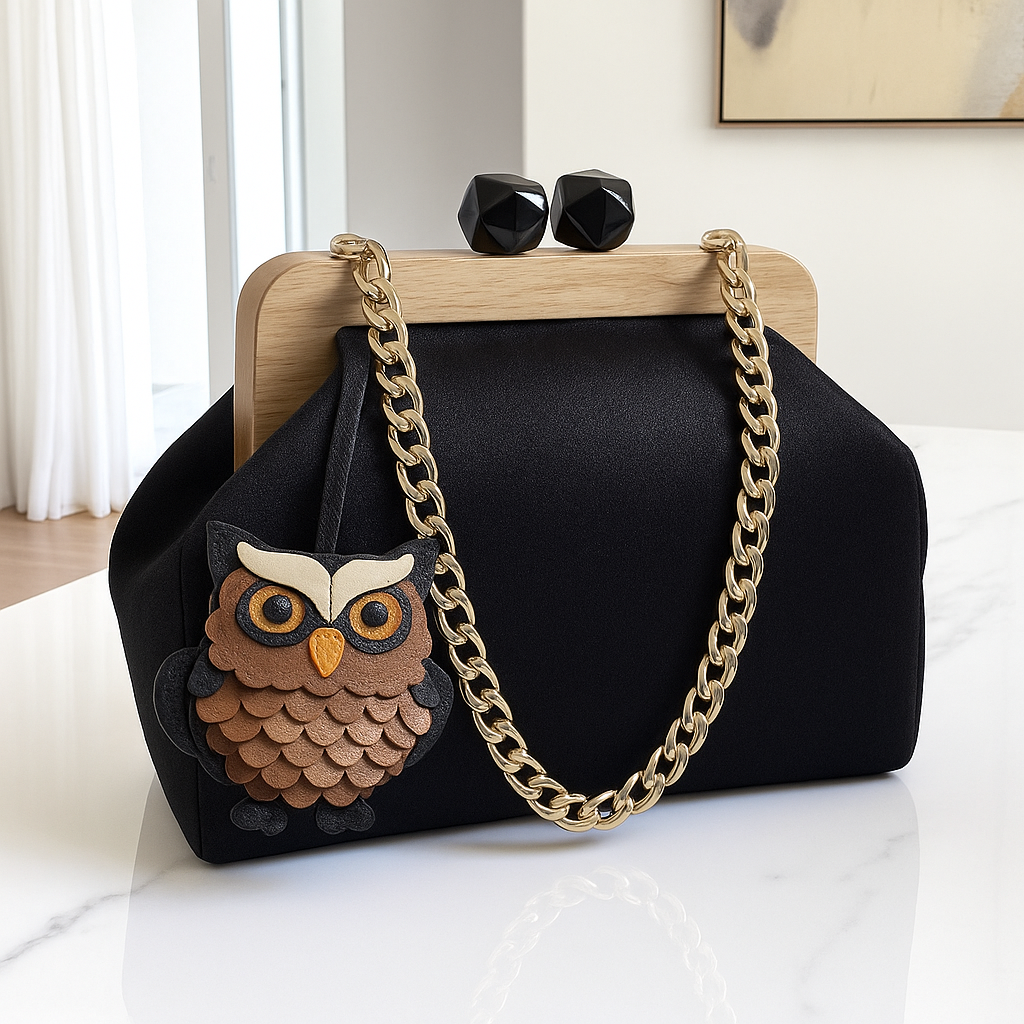 Black Large Clutch with Wooden Frame and Geometric Beaded Handle, Handmade Evening Bag | Modern Formal Purse | Aramele Atelier