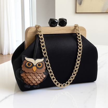 Black Large Clutch with Wooden Frame and Geometric Beaded Handle, Handmade Evening Bag | Modern Formal Purse | Aramele Atelier