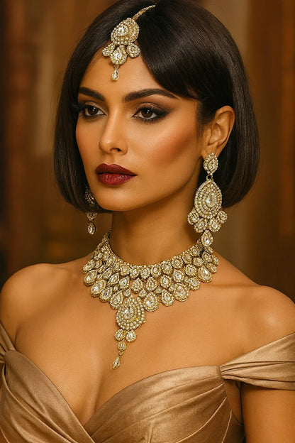 Elegant Indian Bridal Jewelry Set Kundan Choker,Earrings and Headpiece, Wedding Jewelry Set - Glam Duchess