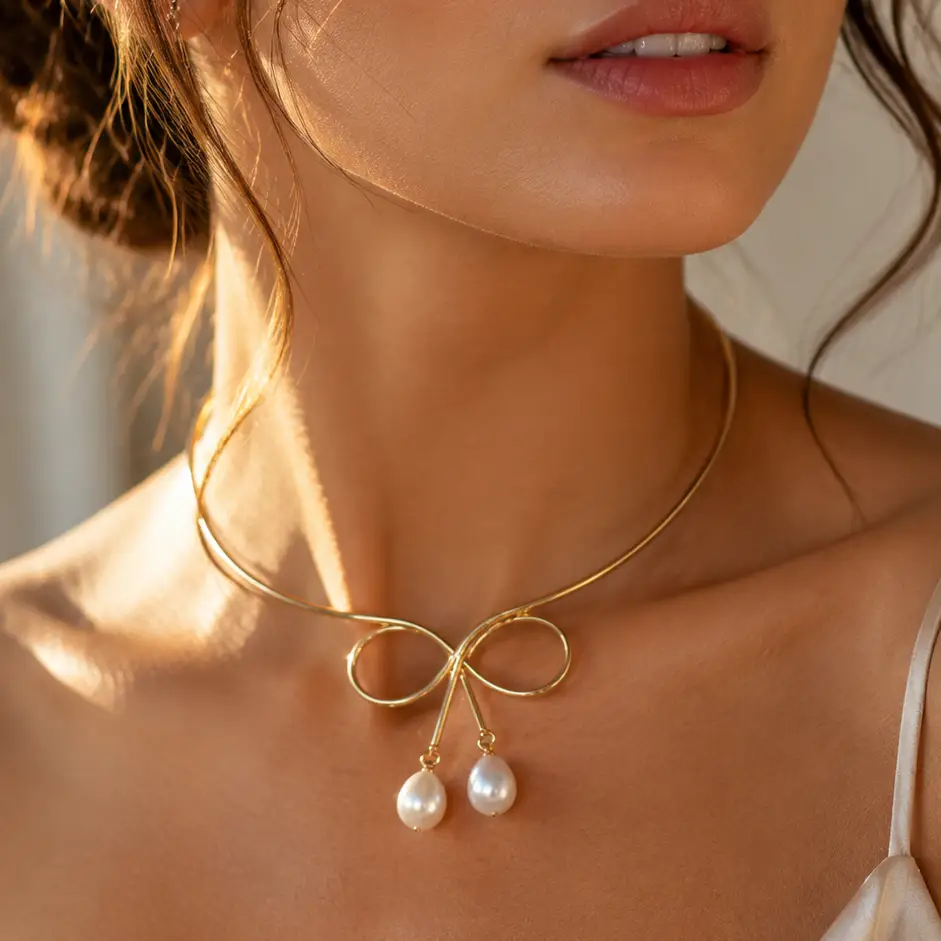 Sculptural Bow Pearl Choker Necklace - Necklaces from Glam Duchess