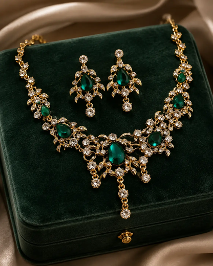 Emerald Crystal Necklace & Earrings Set - Jewelry Sets from Glam Duchess