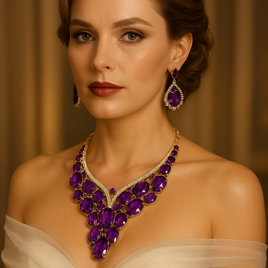 Purple Crystal Statement Necklace & Earrings Set, Bridal & Evening Jewelry - Glam Duchess