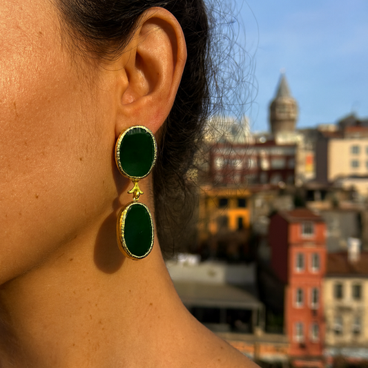 18K Gold Plated Handmade Minimalist Green Oval Gemstone Drop Earrings, Made in Turkey