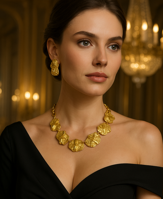 18 K Gold Plated Textured Chunky Statement Choker Necklace Earrings Set