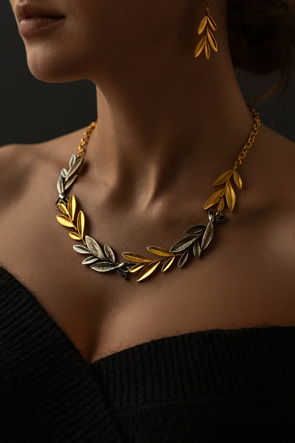 Gold Plated Olive Leaf Jewelry Set - Bohemian Necklace and Earrings Unique Gift