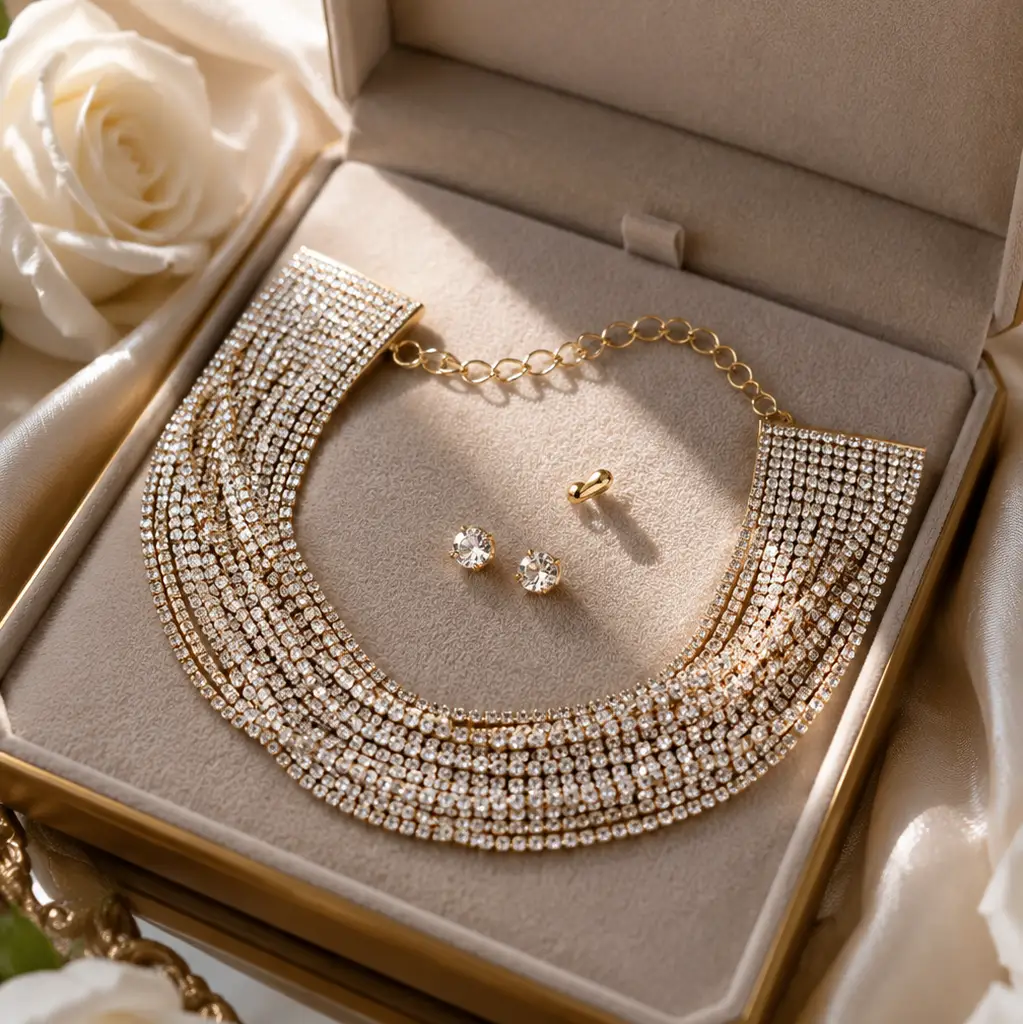 Multi-Layered Rhinestone Choker Necklace & Earrings Set - Jewelry Sets from Glam Duchess