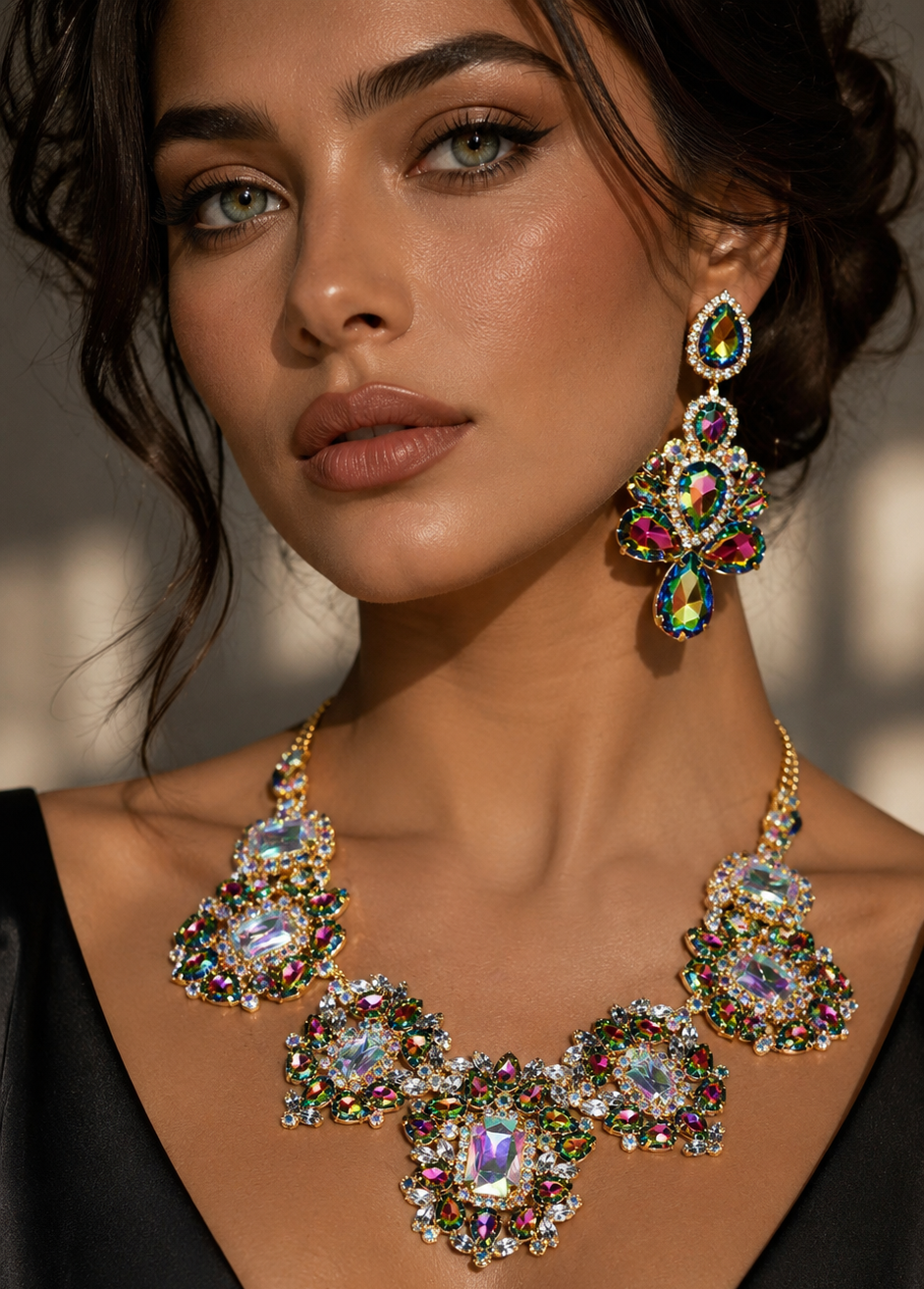 Rhinestone Drop Necklace & Earrings Set | Gold & Silver Bridal Jewelry - Jewelry Sets from Glam Duchess