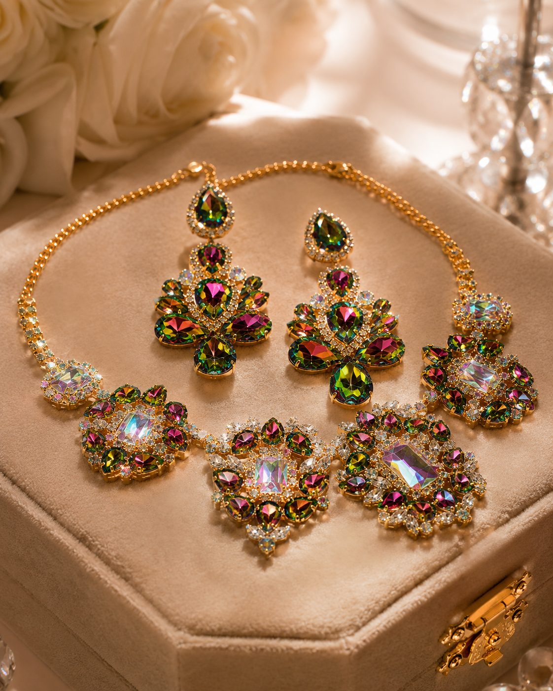 Rhinestone Drop Necklace & Earrings Set | Gold & Silver Bridal Jewelry - Jewelry Sets from Glam Duchess