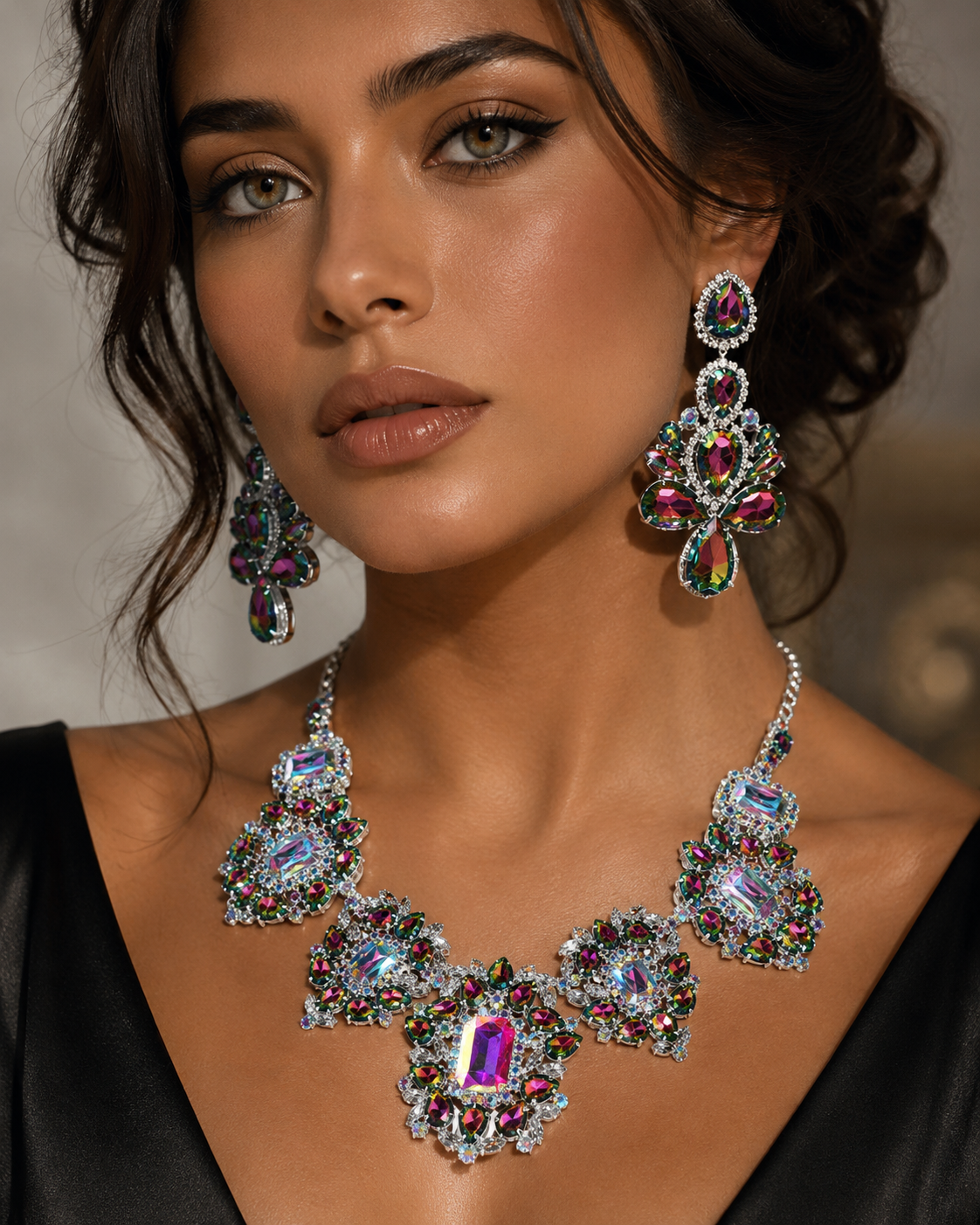 Rhinestone Drop Necklace & Earrings Set | Gold & Silver Bridal Jewelry - Jewelry Sets from Glam Duchess