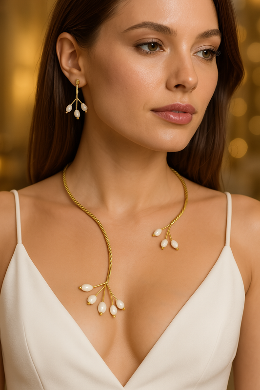Gold Twist with Gemstone Branches Open Collar Necklace Earrings Set