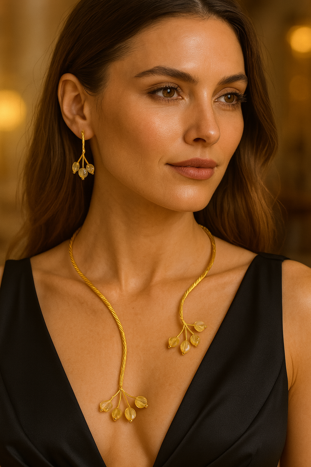 Gold Twist with Gemstone Branches Open Collar Necklace Earrings Set