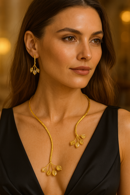 Gold Twist with Gemstone Branches Open Collar Necklace Earrings Set, Handmade In Turkey - Glam Duchess