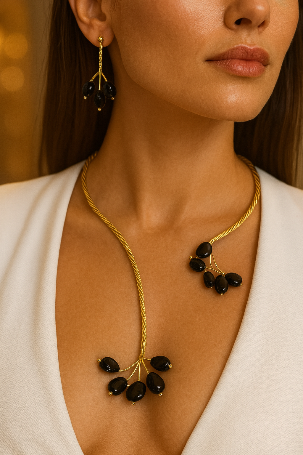 Gold Twist with Gemstone Branches Open Collar Necklace Earrings Set