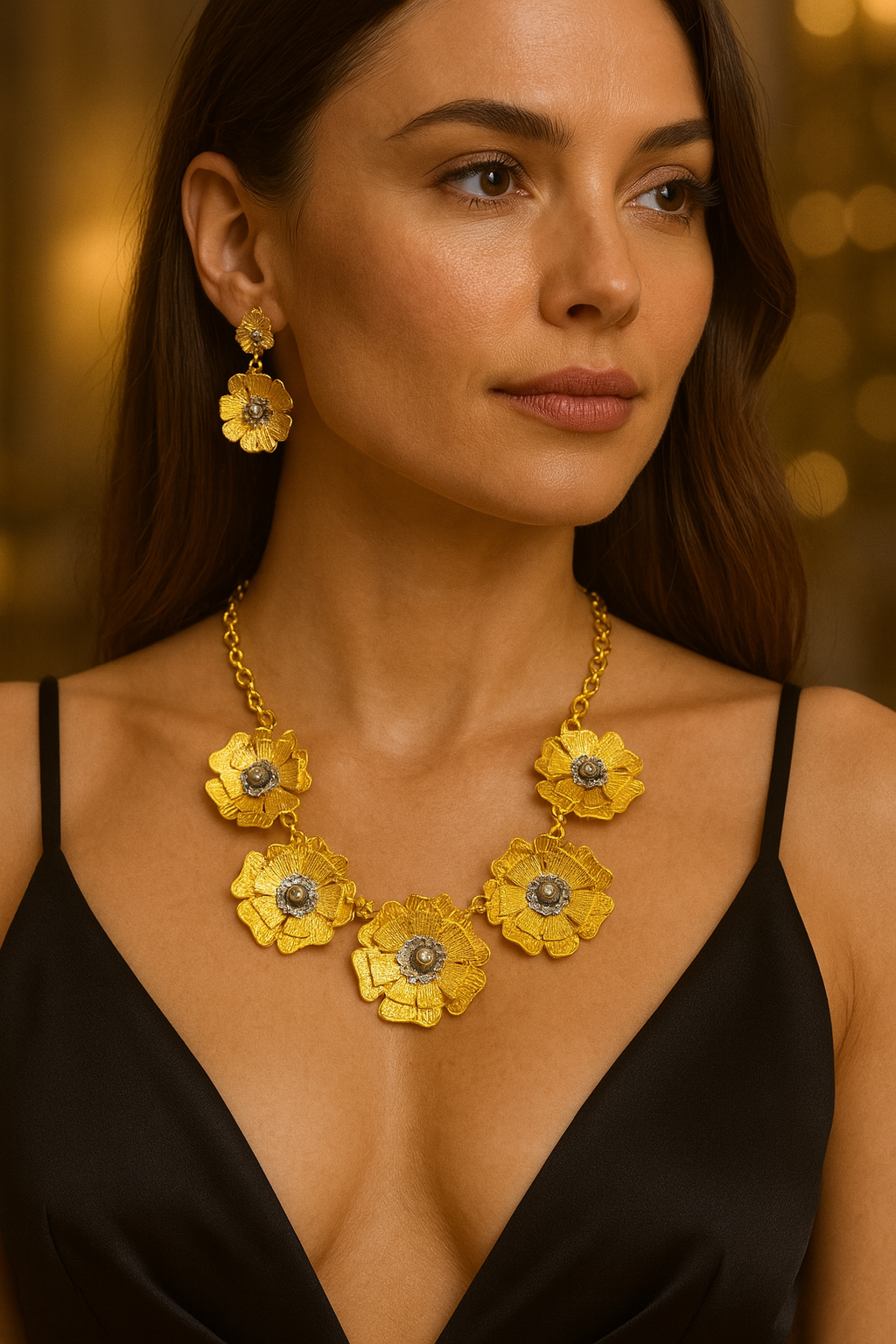 Gold Plated Flower Necklace Earrings Set - Handmade Unique Jewelry Gift for Her