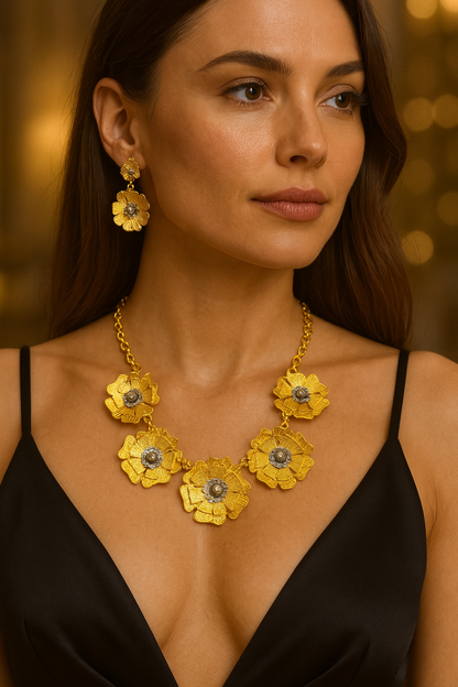 Gold Plated Flower Necklace Earrings Set - Handmade Unique Jewelry Gift for Her