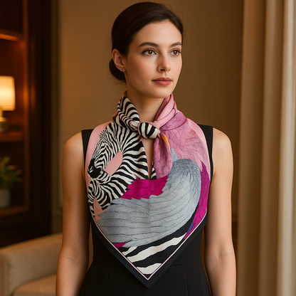 The Four Seasons Jungle Zebra Twill Silk Scarf – Luxury Square Wrap for Women, Hijab, Foulard, Beach & Sunscreen Bandana