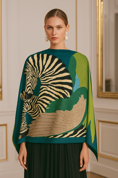 The Four Seasons Jungle Zebra Twill Silk Scarf – Luxury Square Wrap for Women, Hijab, Foulard, Beach & Sunscreen Bandana