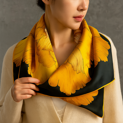 Golden Bloom Luxe Set – Clutch, Silk Scarf & Leaf Earrings by Glam Duchess