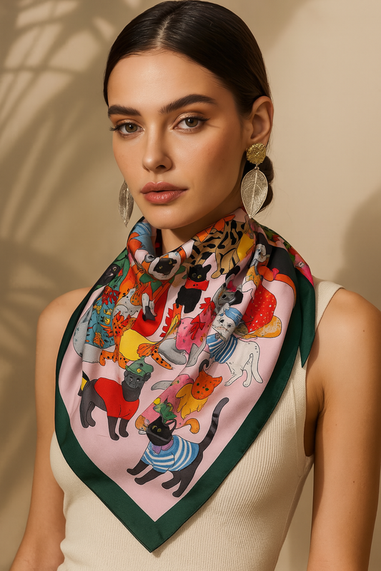 Whimsical Cartoon Cat Silk-Feel Scarf – Square Head Wrap & Neckerchief
