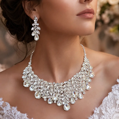 Crystal Bridal Necklace Set Teardrop Rhinestones Adjustable 18 to 21 Inches Earrings Included - Jewelry Sets from Glam Duchess
