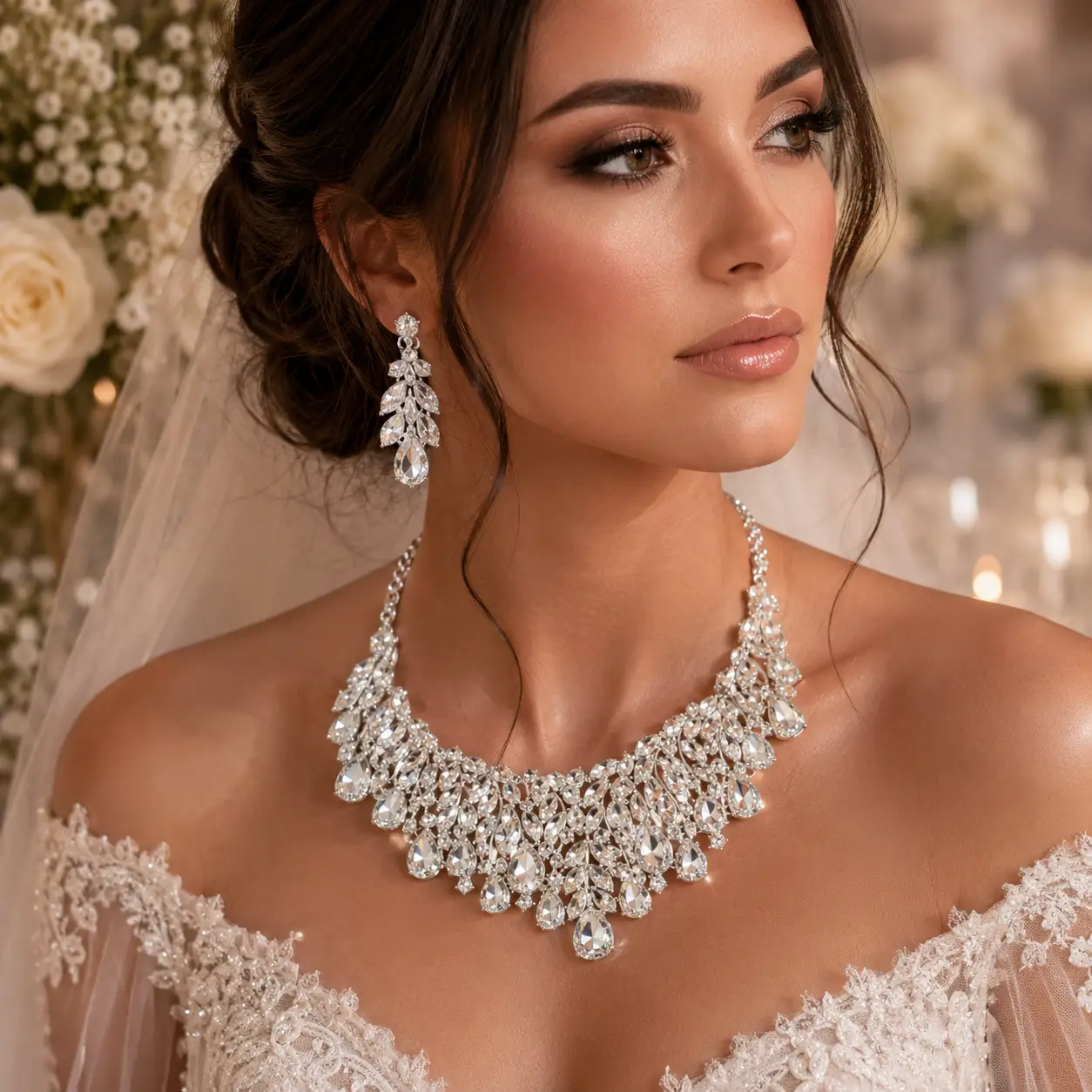 Crystal Bridal Necklace Set Teardrop Rhinestones Adjustable 18 to 21 Inches Earrings Included - Jewelry Sets from Glam Duchess