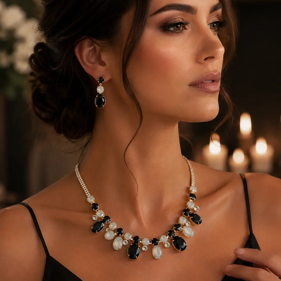 Oval Round Stone Cluster Link Evening Necklace - Jewelry Sets from Glam Duchess