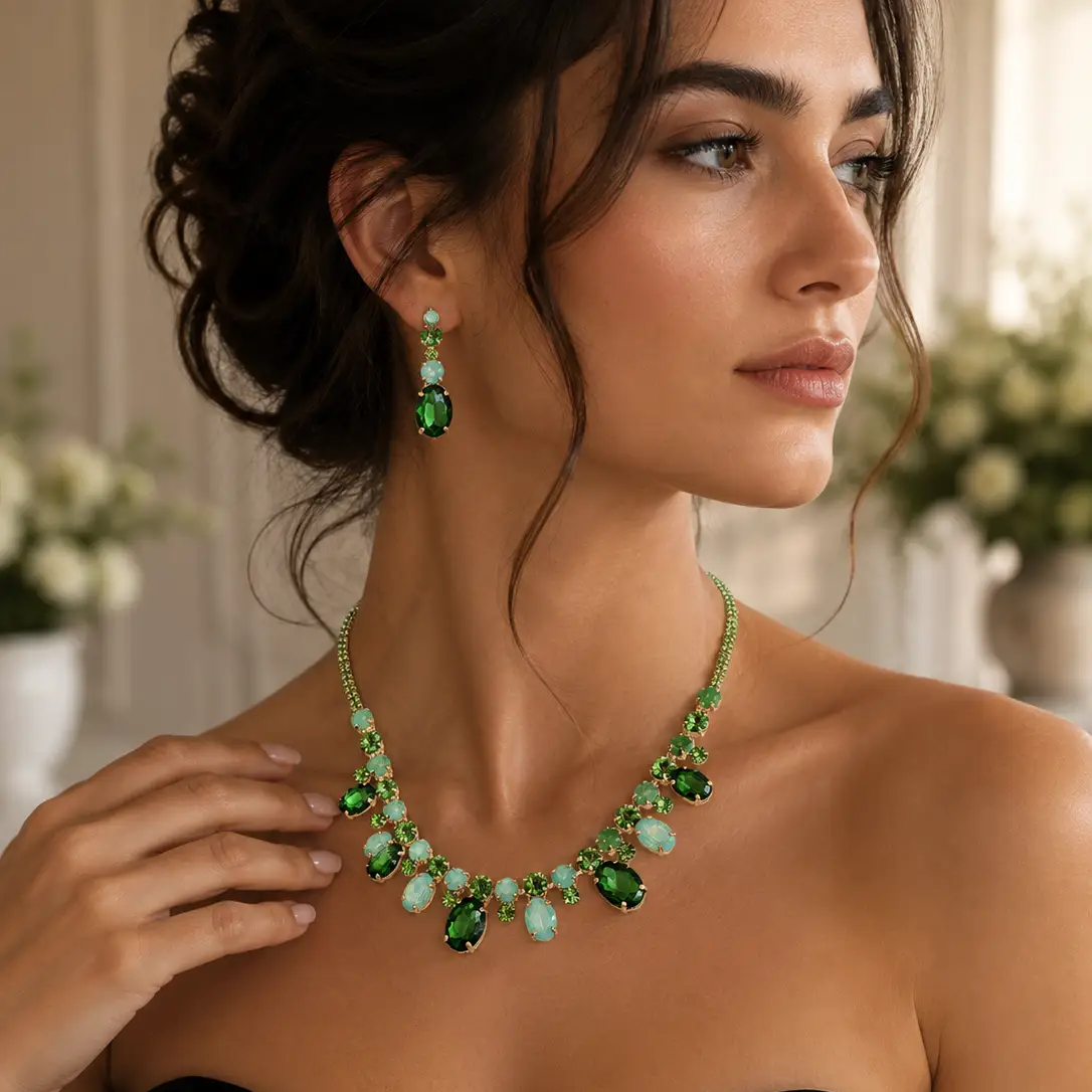 Oval Round Stone Cluster Link Evening Necklace - Jewelry Sets from Glam Duchess