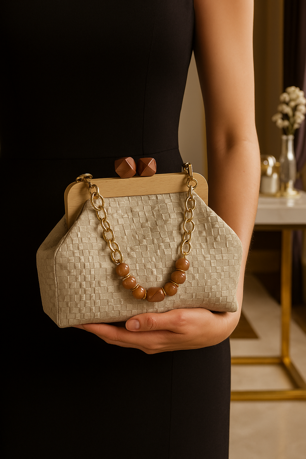 Beige Textured Clutch with Wooden Frame,Handmade Neutral Evening Bag with Brown Geometric Clasp | Elegant Structured Purse|