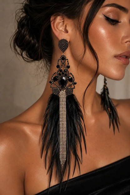 Feather Drop Statement Earrings with Rhinestone Fringe - Uncategorized from Glam Duchess