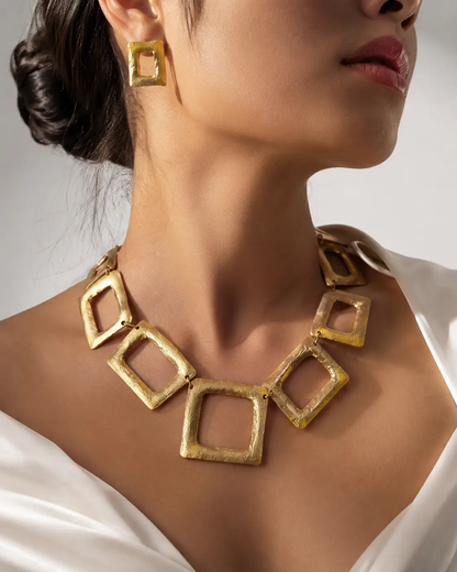 Geometric Jewelry Set Gold Plated Necklace And Statement Earrings Handmade In Turkey For Women - Jewelry Sets from Glam Duchess