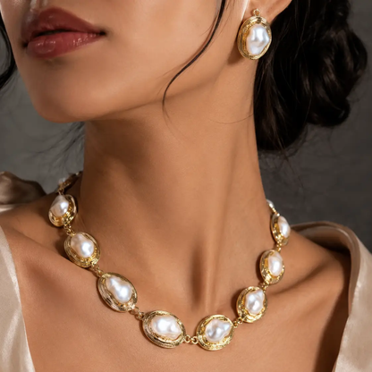 Baroque Pearl Necklace Set With Gold Plated Frames And Earrings Elegant Bridal Jewelry - Jewelry Sets from Glam Duchess