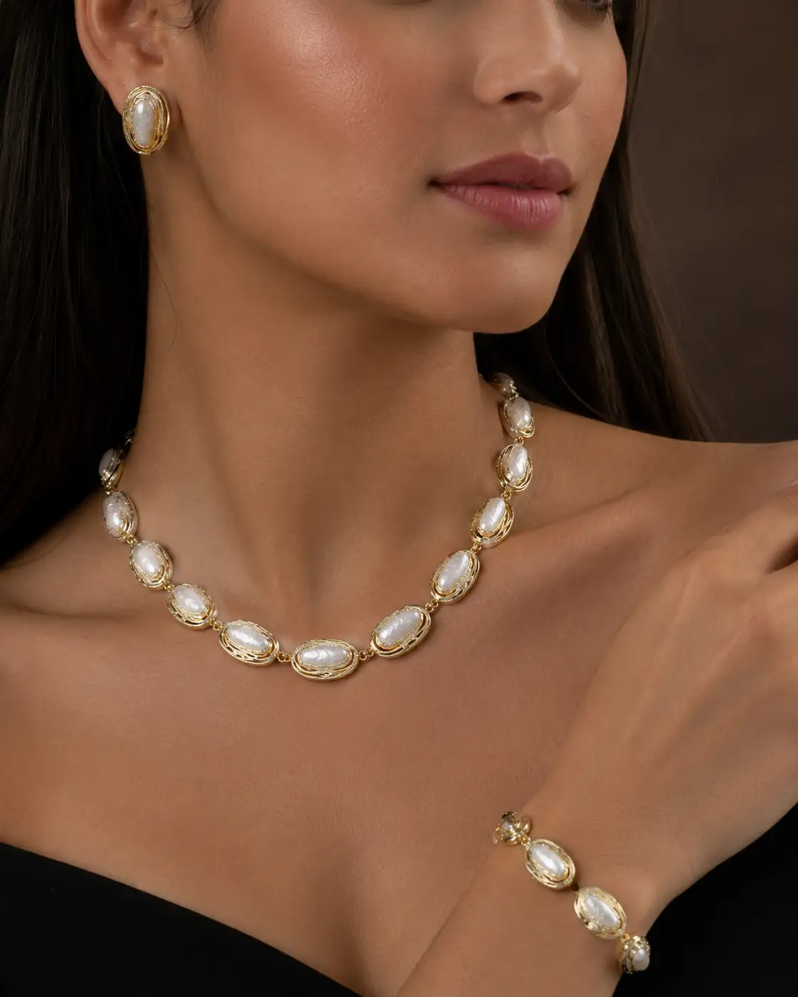 Gold Plated Pearl Jewelry Set Necklace Bracelet Stud Earrings Three Piece Luxury for Her - Jewelry Sets from Glam Duchess
