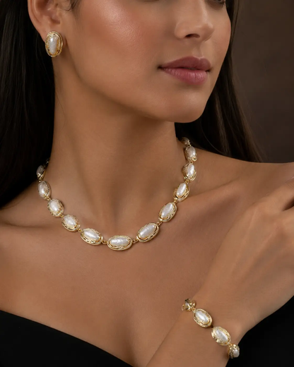 Gold Plated Pearl Jewelry Set Necklace Bracelet Stud Earrings Three Piece Luxury for Her - Jewelry Sets from Glam Duchess