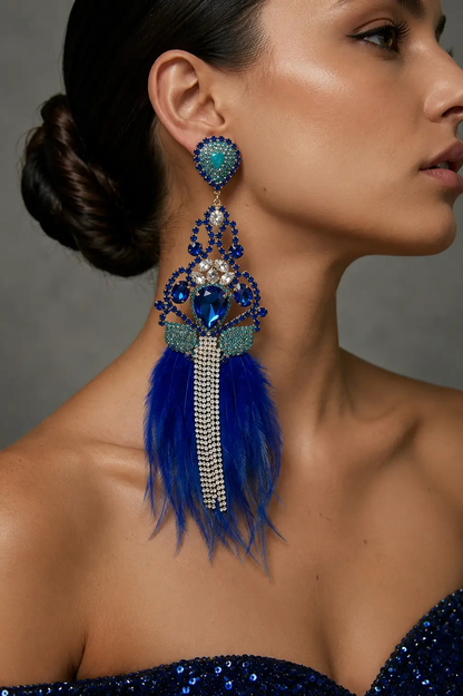 Oversized Teardrop Stone Center Rhinestone Fringe Lightweight Feather Drop Statement Earrings - Earrings from Glam Duchess