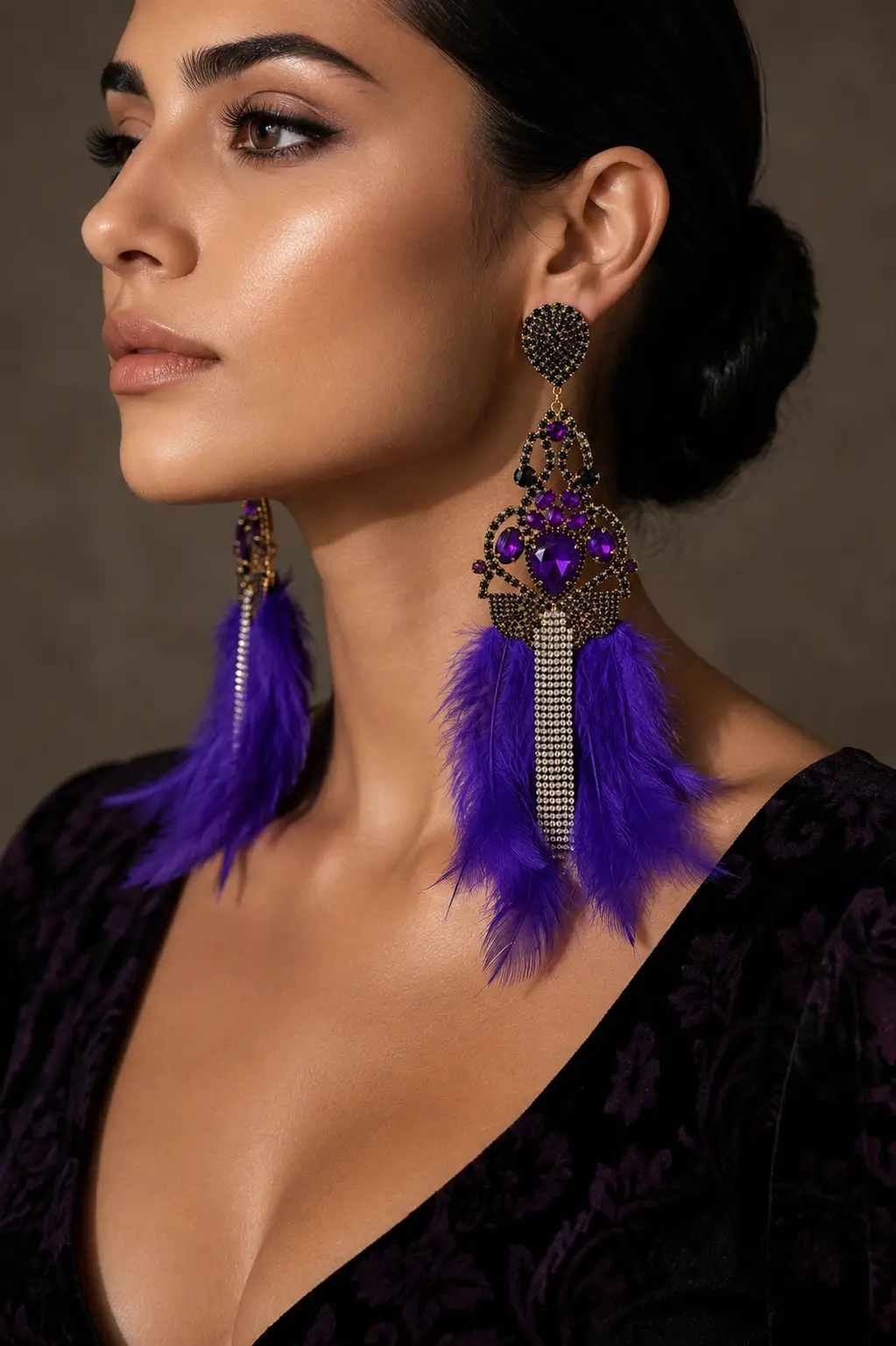 Teardrop Rhinestone Fringe Feather Drop Statement Earrings - Earrings from Glam Duchess