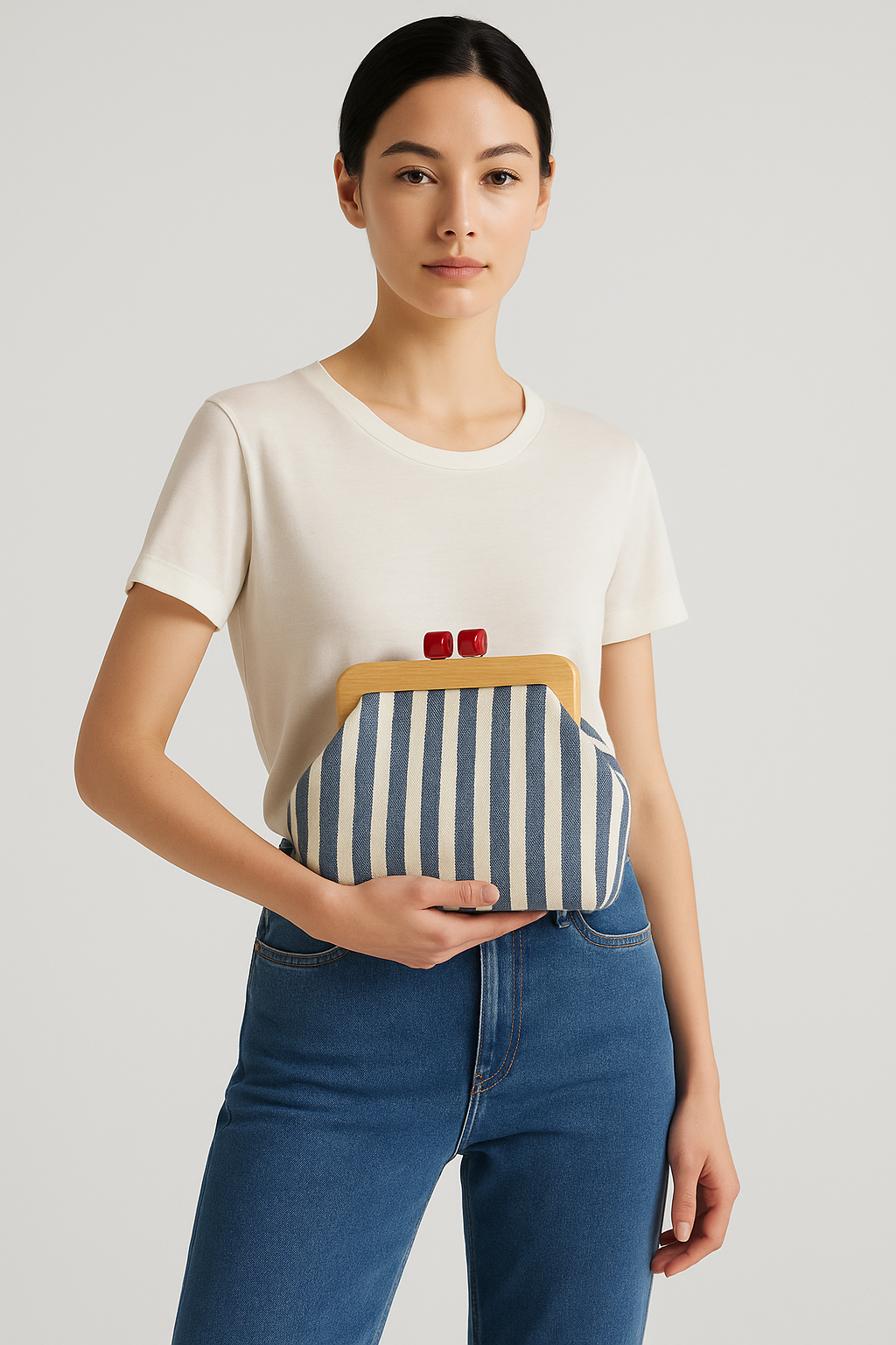 Striped Canvas Clutch with Wooden Frame – Handmade in Türkiye