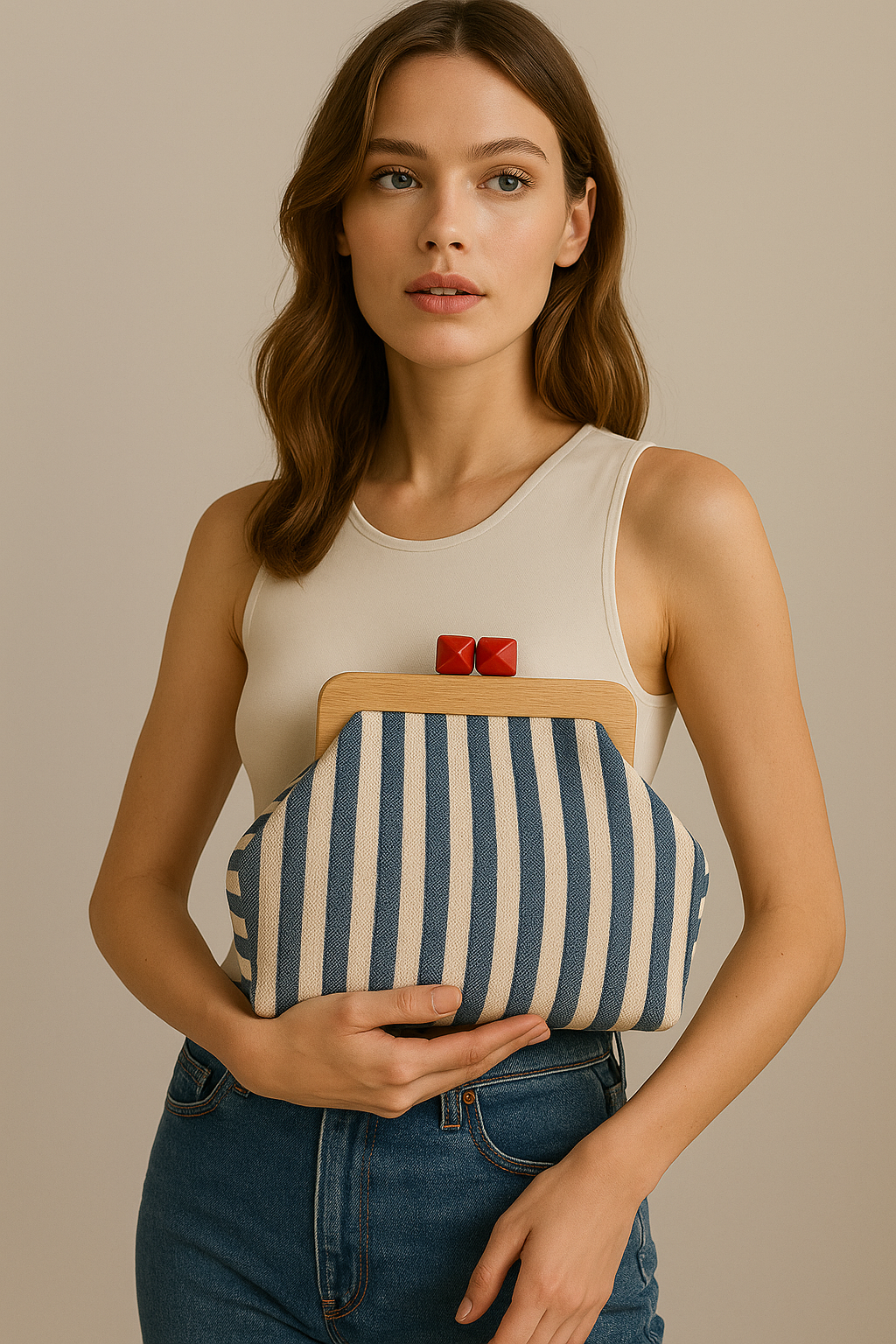 Striped Canvas Clutch with Wooden Frame – Handmade in Türkiye