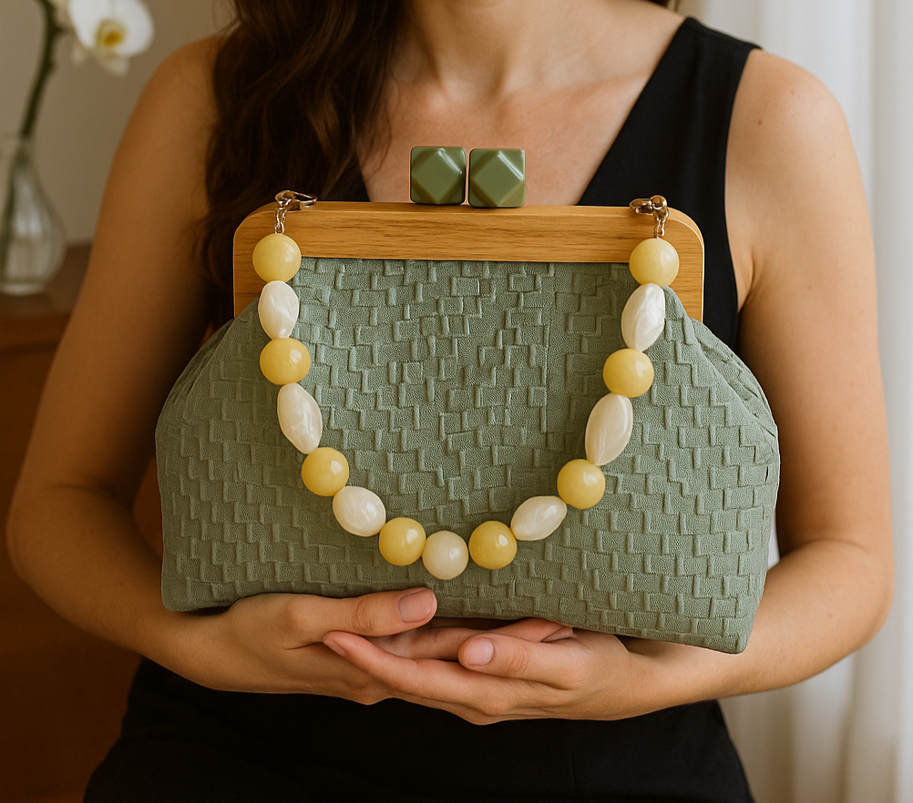 Handmade Minimalist Bag Sage Green Textured Clutch with Wooden Frame