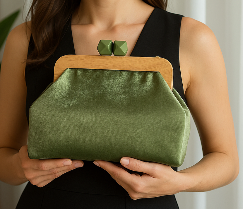 Artisan Sage Green Velvet Clutch with Wooden Frame Minimalist Bag