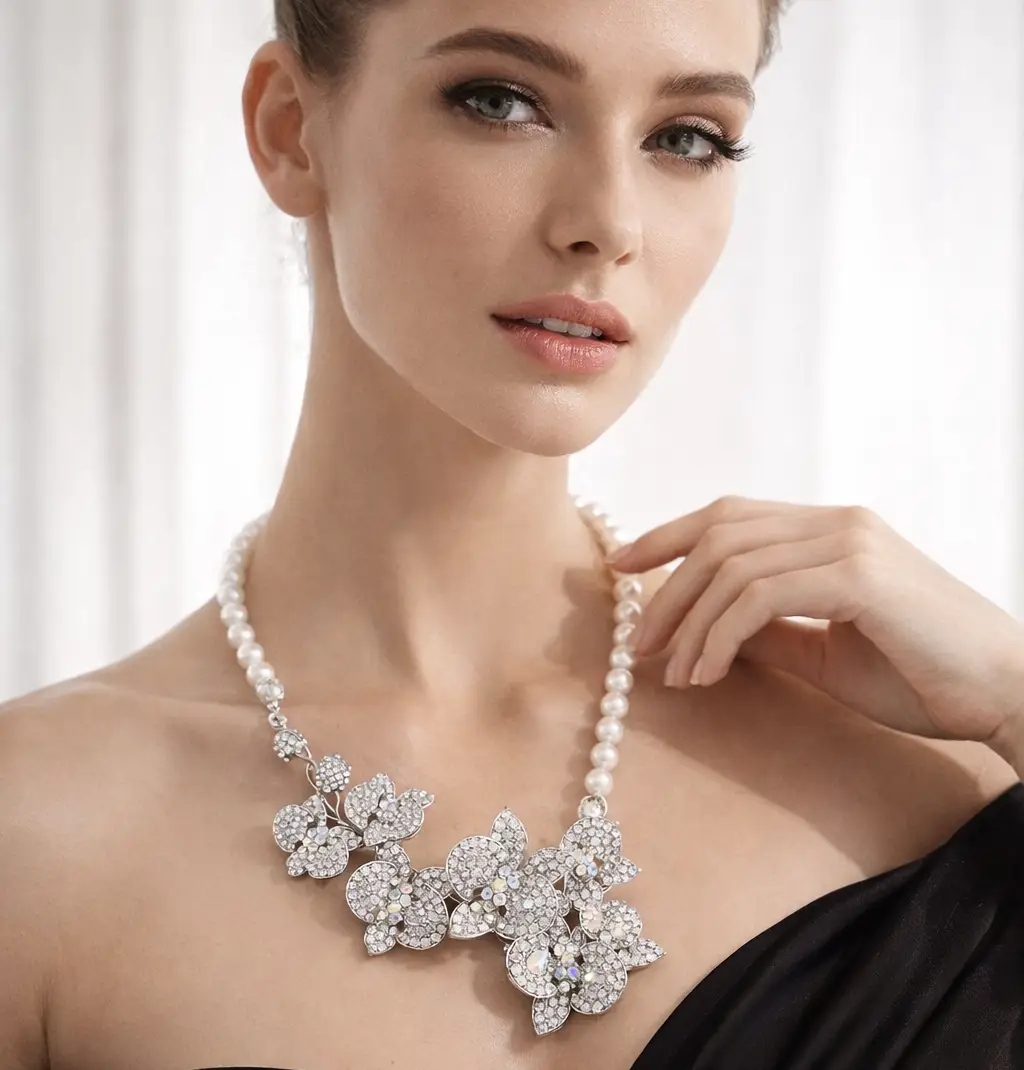 Bridal Jewelry Set - Statement Earrings and Necklace with Crystal Pearl Orchid Flowers by Glam Duchess (bridal-statement-earrings-necklace-set-crystal-pearl-orchid-flowers-unique-wedding-jewelry-perfect-gift-for-brides)