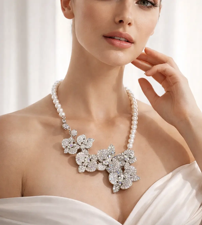 Bridal Jewelry Set - Statement Earrings and Necklace with Crystal Pearl Orchid Flowers by Glam Duchess (bridal-statement-earrings-necklace-set-crystal-pearl-orchid-flowers-unique-wedding-jewelry-perfect-gift-for-brides)
