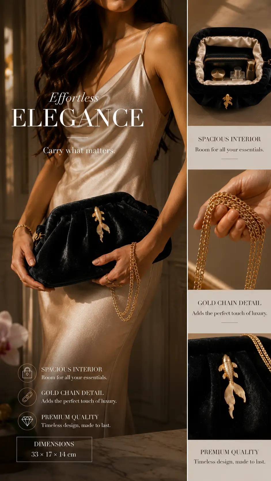 Black Velvet Clutch With Gold Fish Accent And Detachable Chain, Elegant Evening Bag - Clutch Bags from Glam Duchess