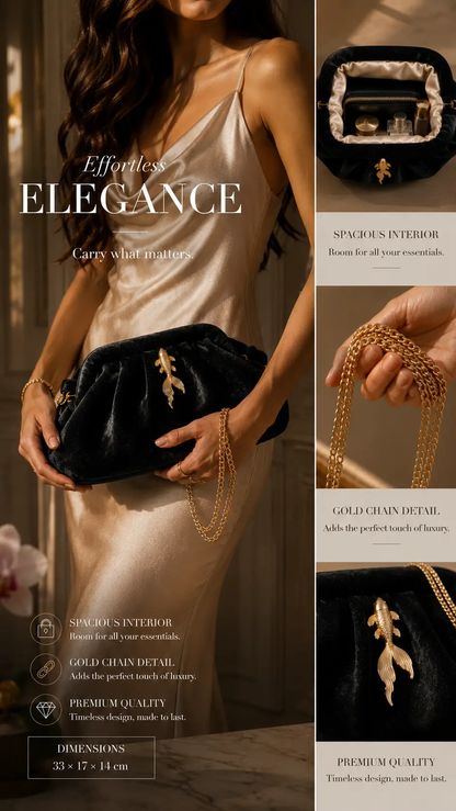 Black Velvet Clutch With Gold Fish Accent And Detachable Chain, Elegant Evening Bag - Clutch Bags from Glam Duchess
