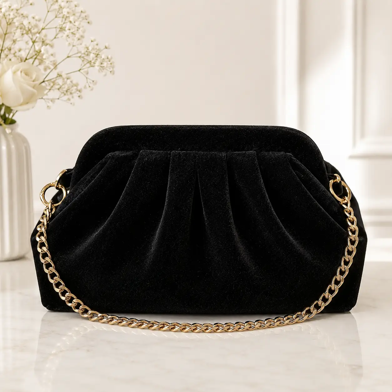 Black Velvet Evening Clutch Bag with Gold Chain - Clutch Bags from Glam Duchess
