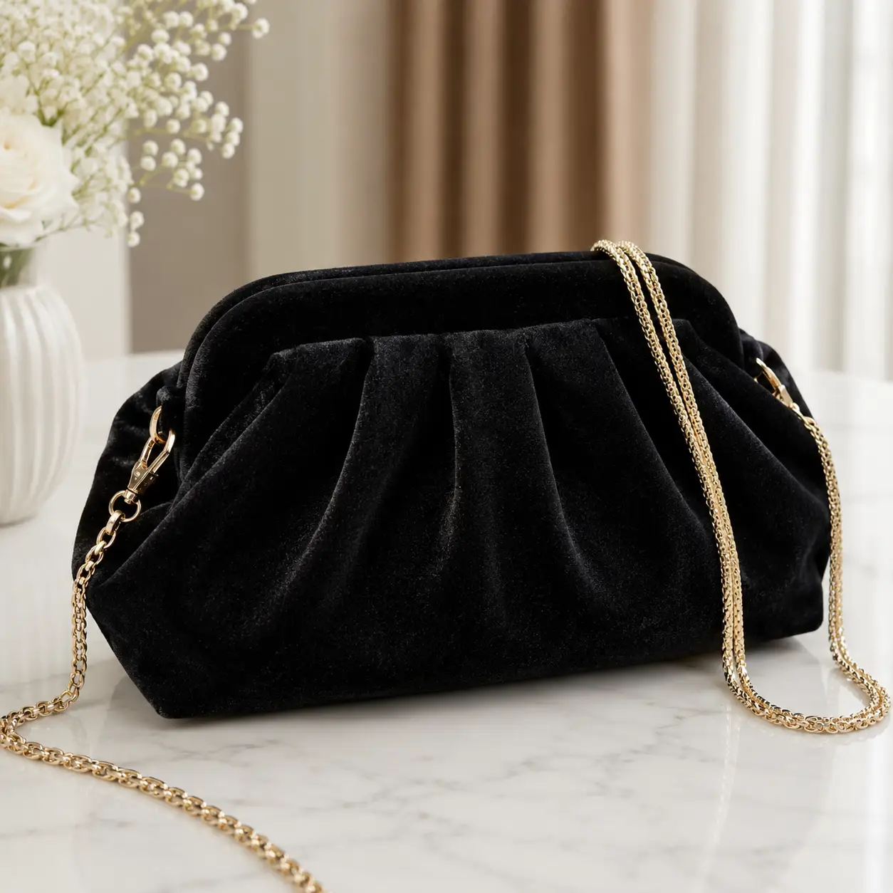 Black Velvet Evening Clutch Bag with Gold Chain - Clutch Bags from Glam Duchess