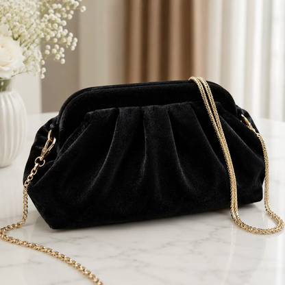 Black Velvet Evening Clutch Bag with Gold Chain - Clutch Bags from Glam Duchess